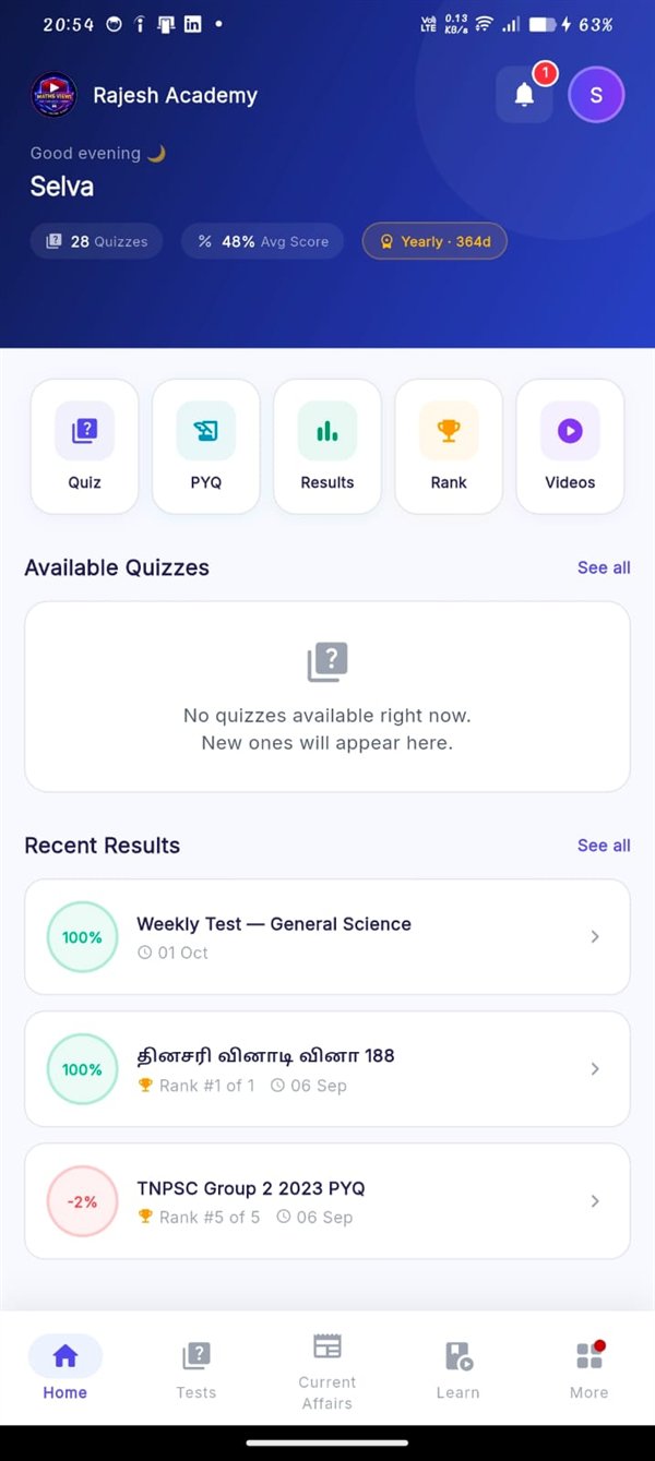 Home screen with Quiz, PYQ, Results, Rank and Videos shortcuts